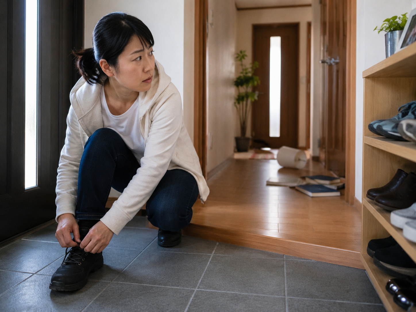 地震後に靴を履いて避難経路を確保するイメージ