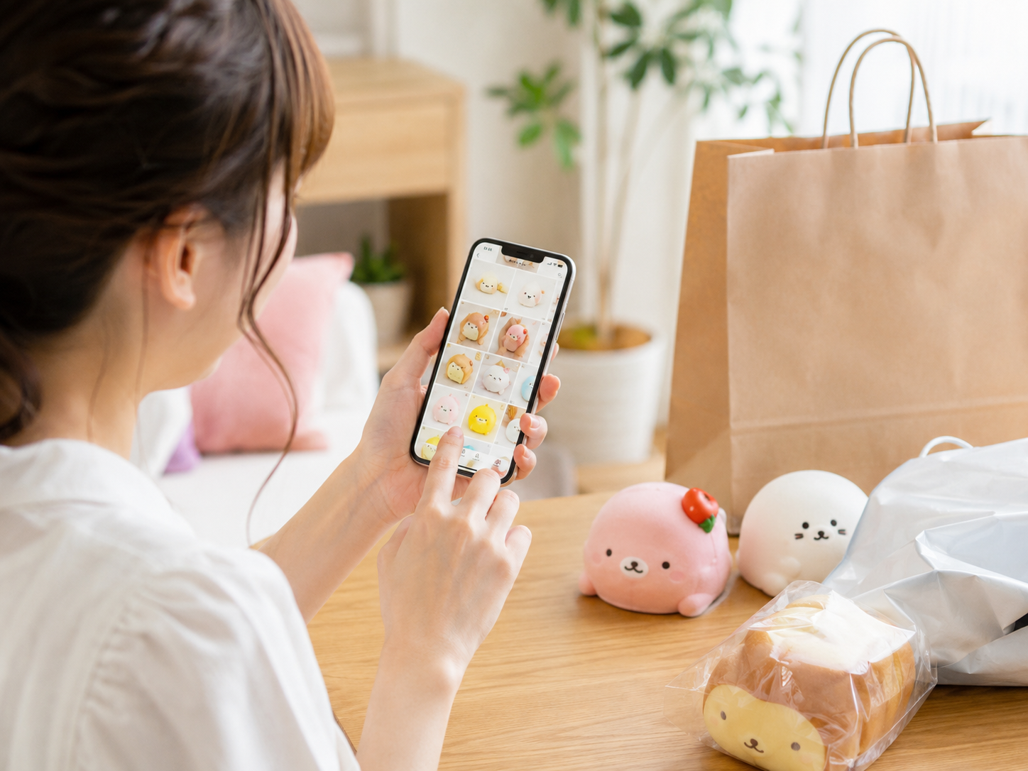 スマホで人気スクイーズの在庫を確認するイメージ