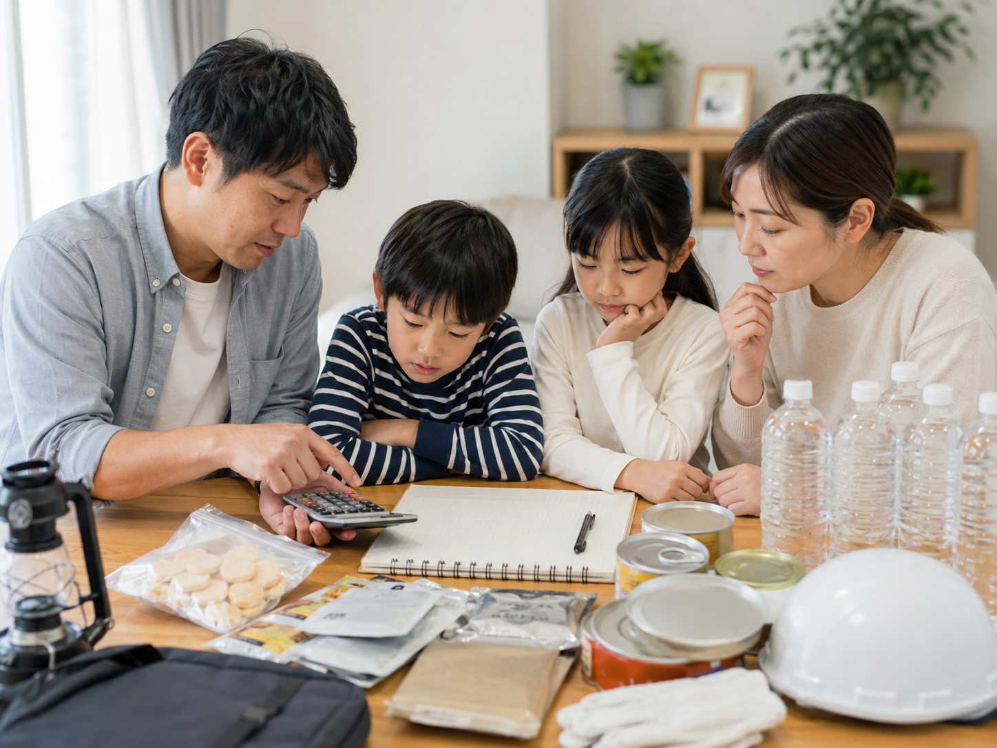 家族で防災備蓄の量を計算して見直すイメージ