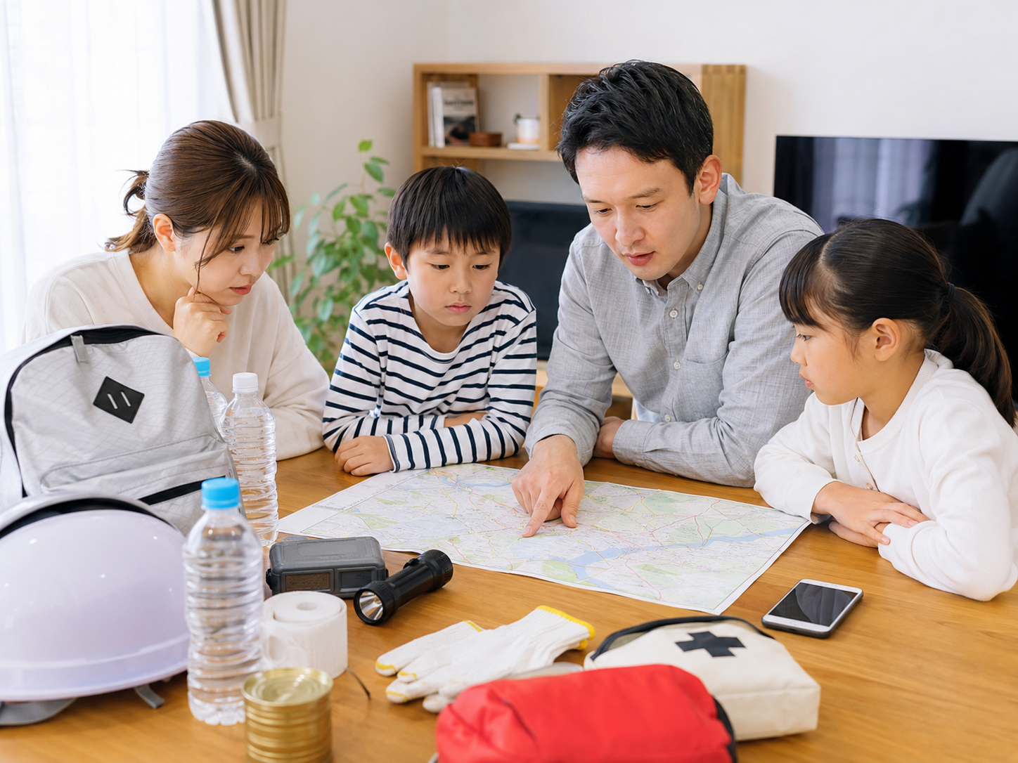 地震発生後に家族で避難先と防災情報を確認するイメージ