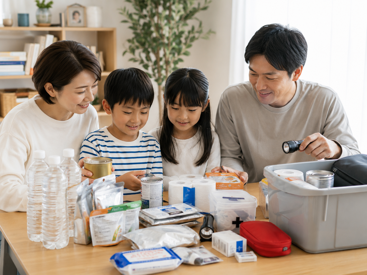家族で防災備蓄を見直して安心するイメージ