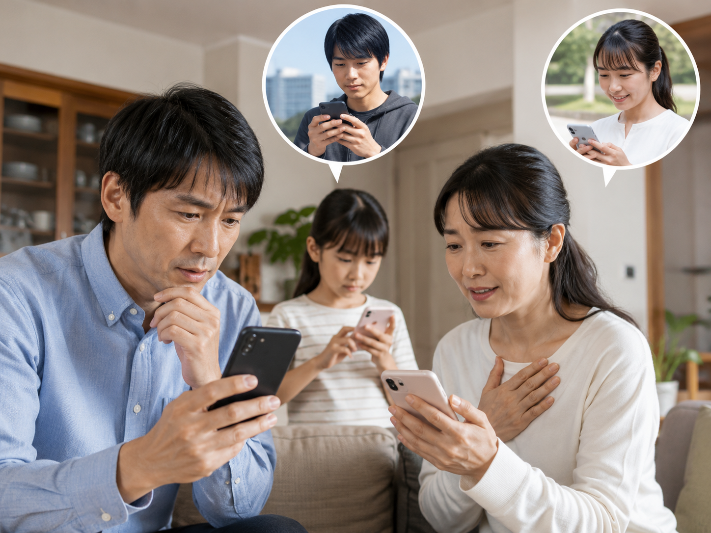 災害用伝言ダイヤルとスマホで家族の安否確認をするイメージ