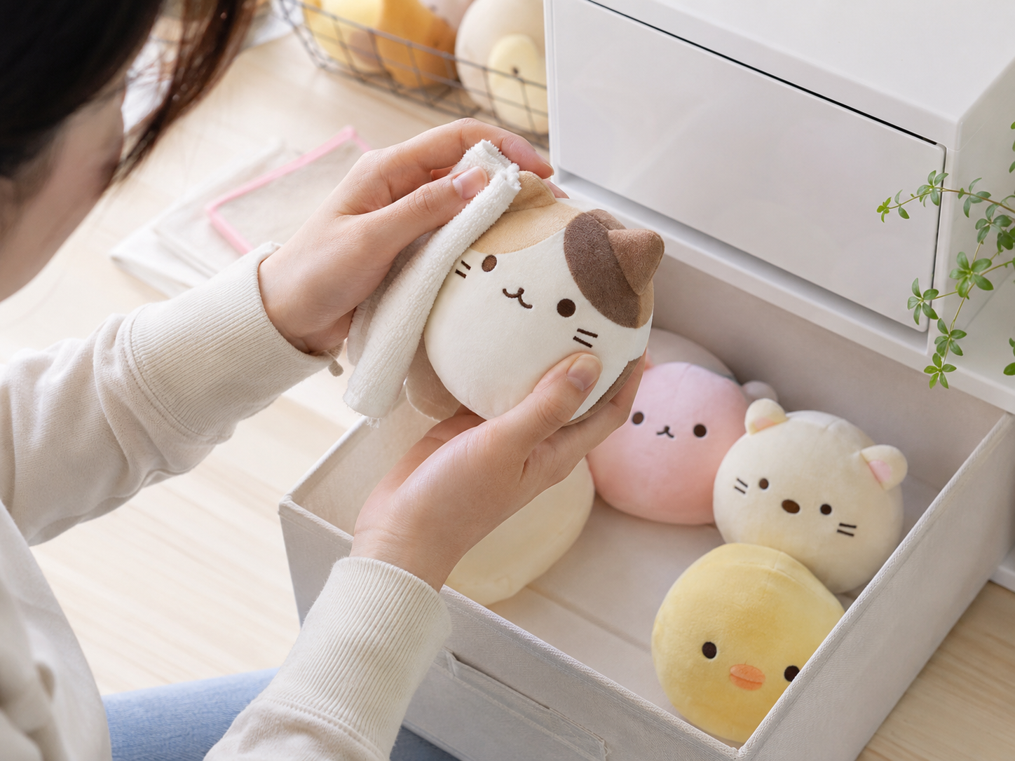 スクイーズをやさしく拭いて保管するイメージ