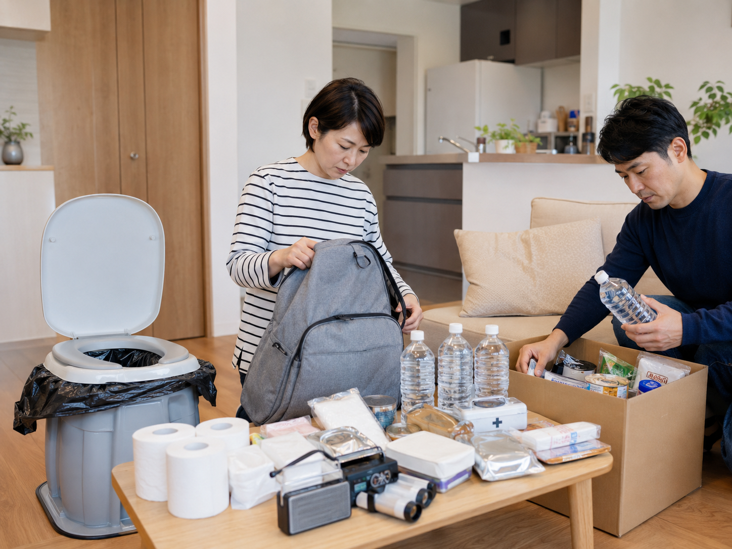 マンションで在宅避難と簡易トイレを準備するイメージ