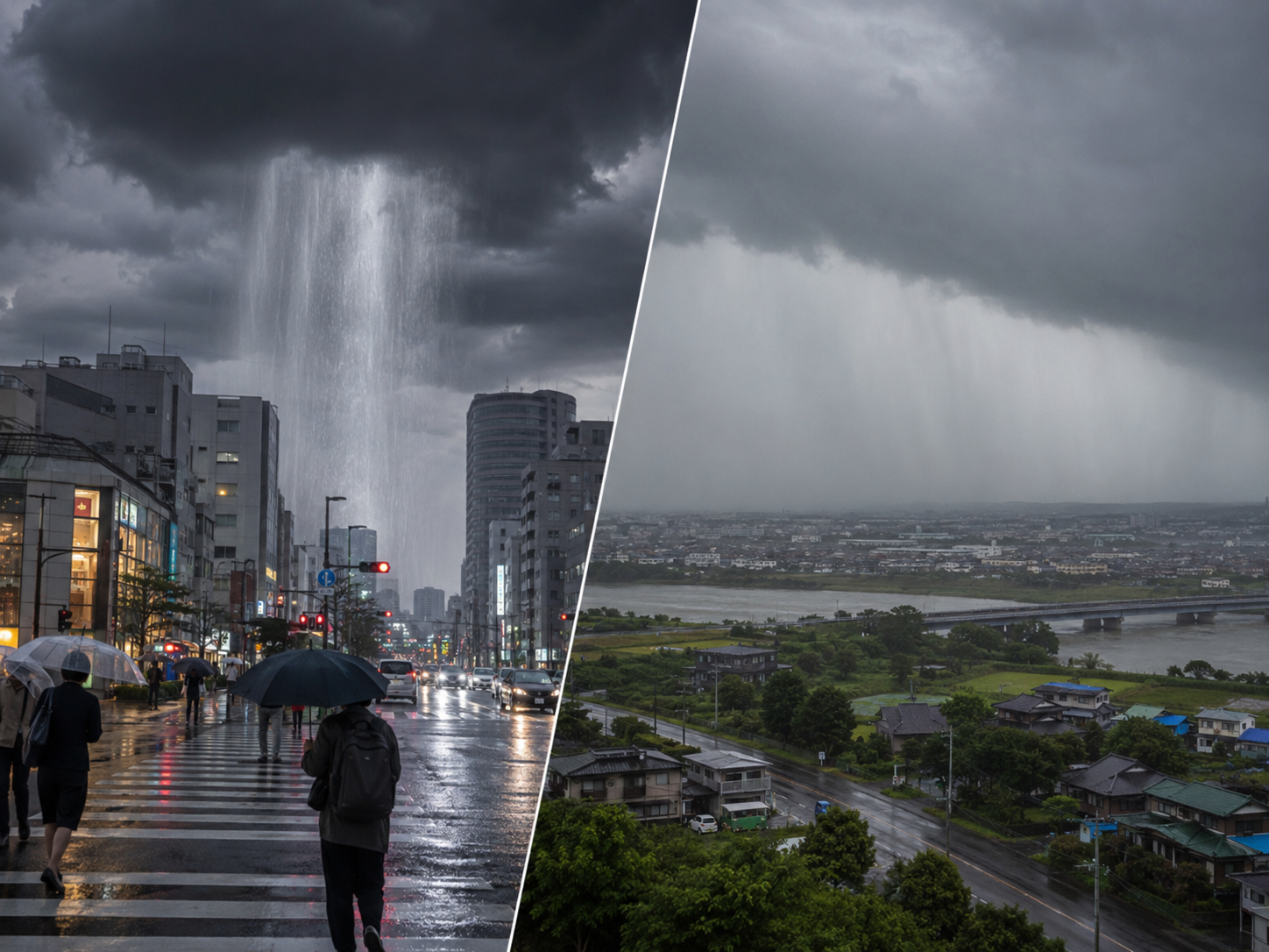 ゲリラ豪雨と線状降水帯の違いを示すイメージ
