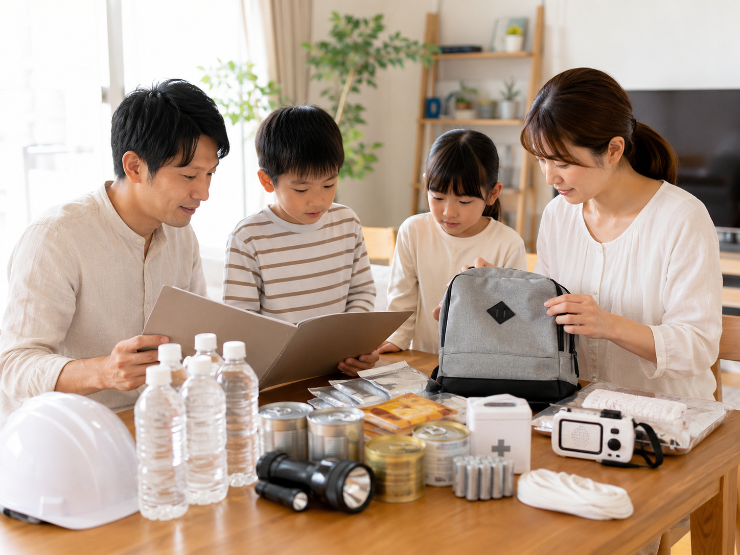 家族で防災備蓄と保険証券を見直すイメージ