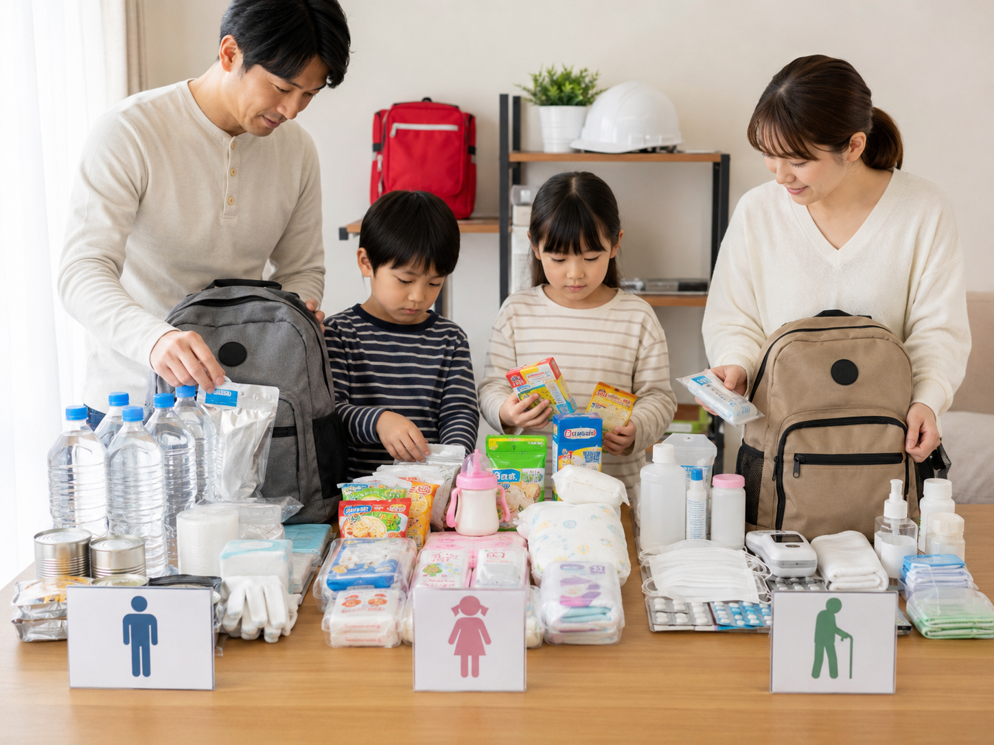 家族構成に合わせて防災用品を分けて準備するイメージ