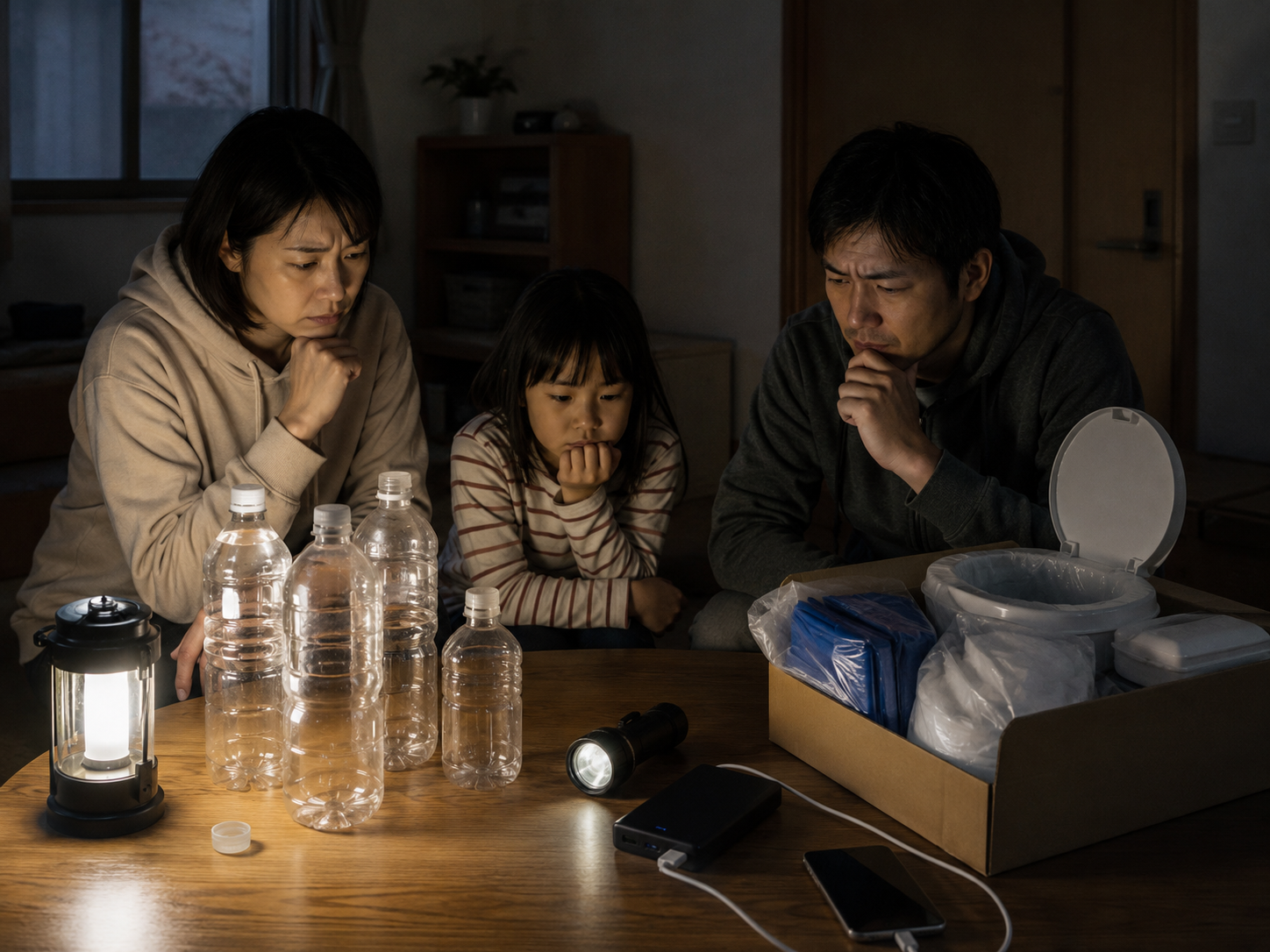災害時に水とトイレと電気が不足するイメージ