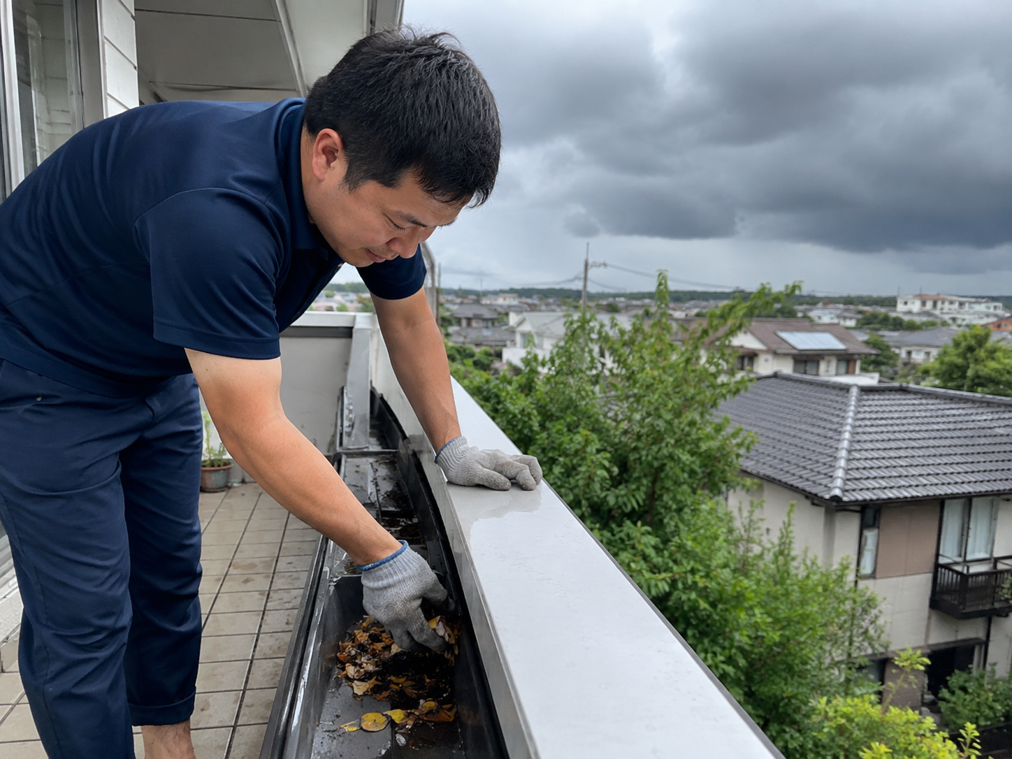 台風前にベランダや雨どいを点検するイメージ