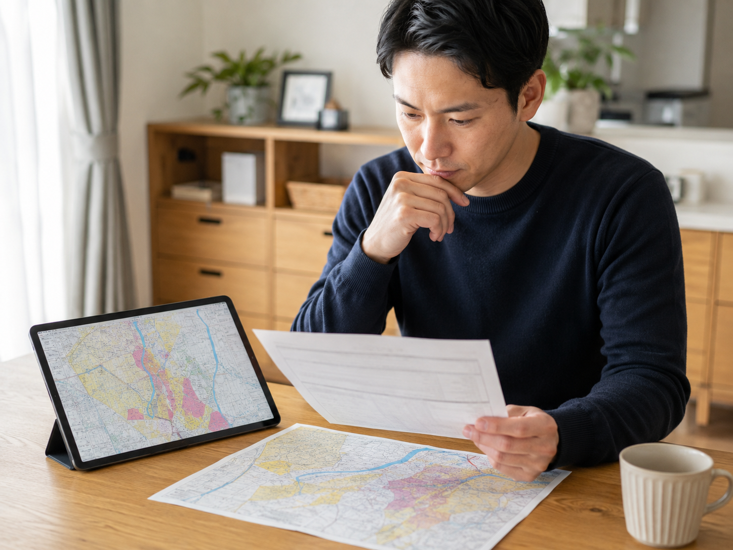 ハザードマップと保険証券を並べて確認するイメージ
