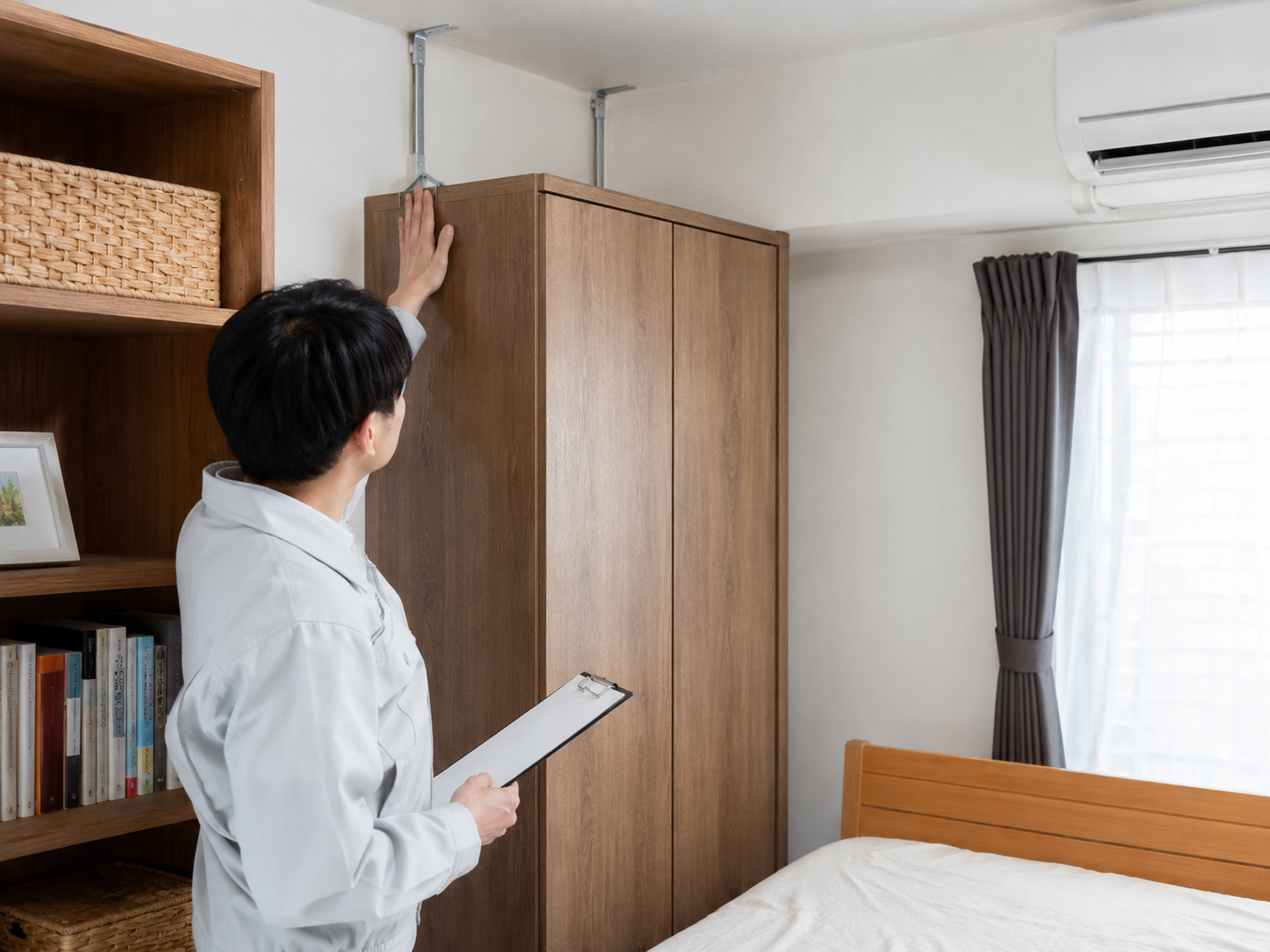 寝室の家具固定と安全対策を確認するイメージ