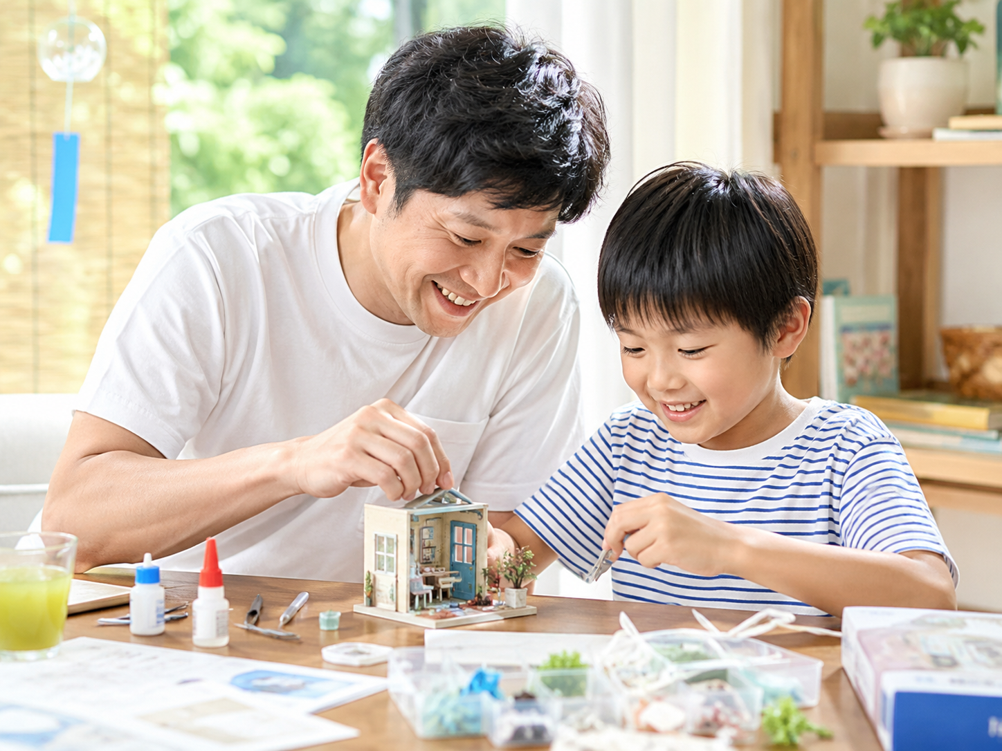 親子で夏休みの工作を楽しむイメージ
