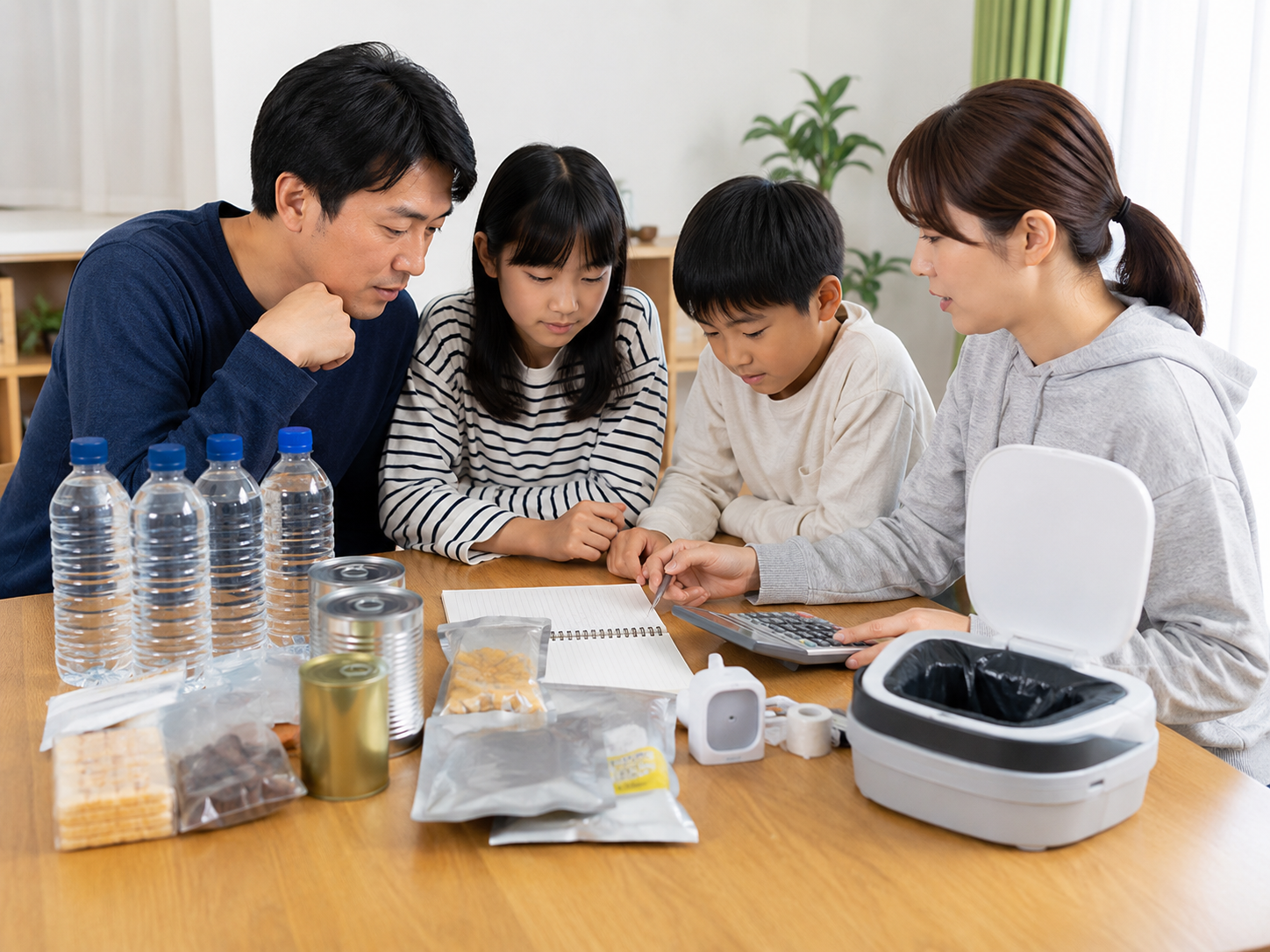 家族の人数に合わせて水と食料と簡易トイレを計算するイメージ