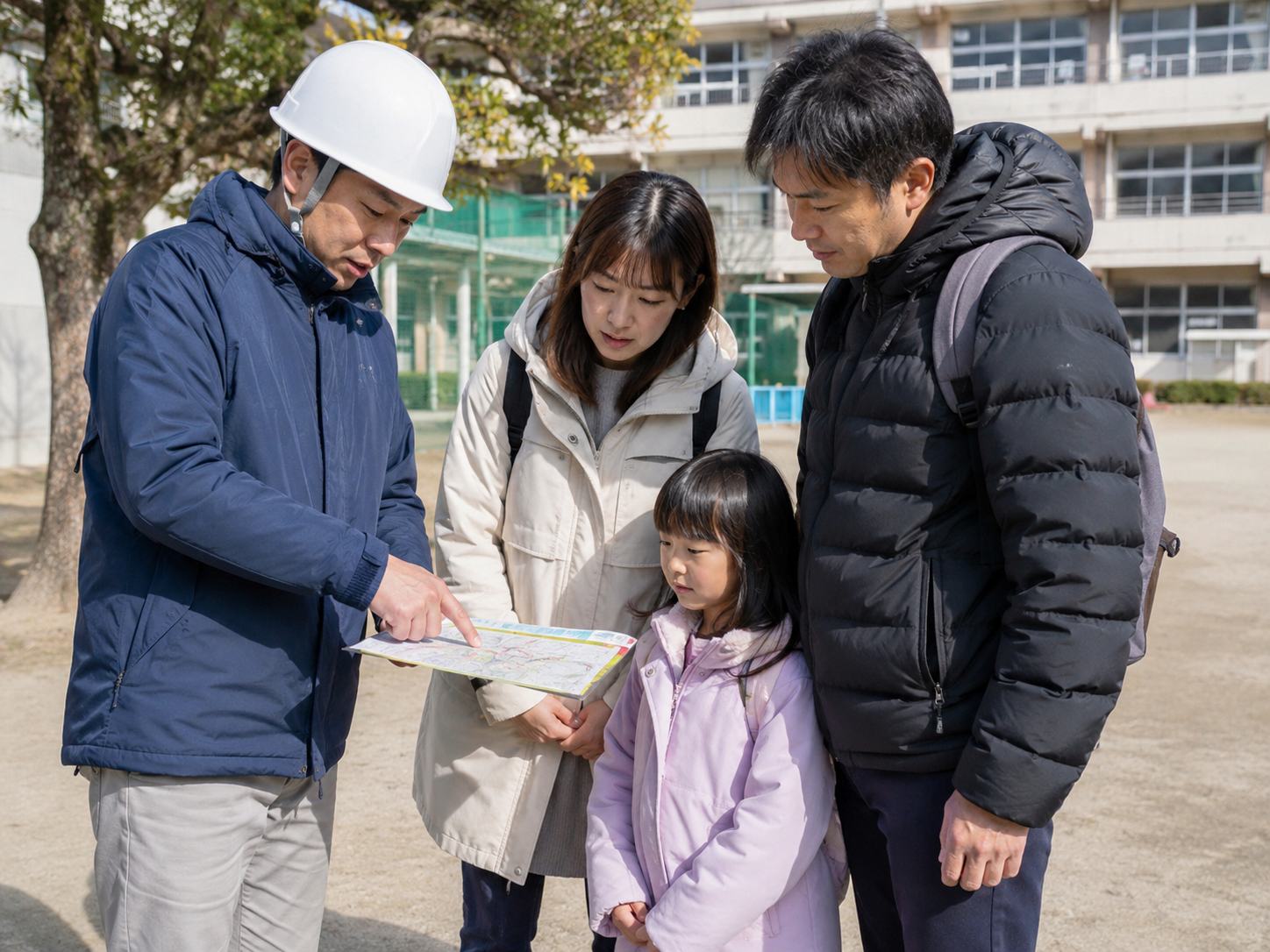 地域の防災訓練と避難場所を確認するイメージ