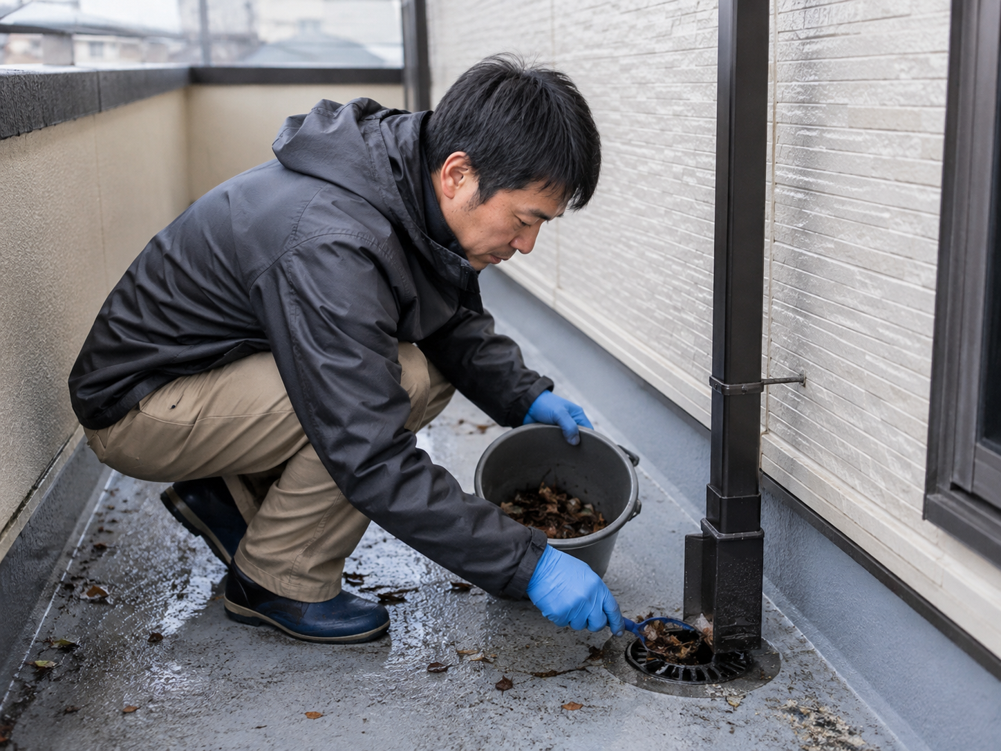 ベランダ排水口や雨どいを点検して雨漏りを予防するイメージ