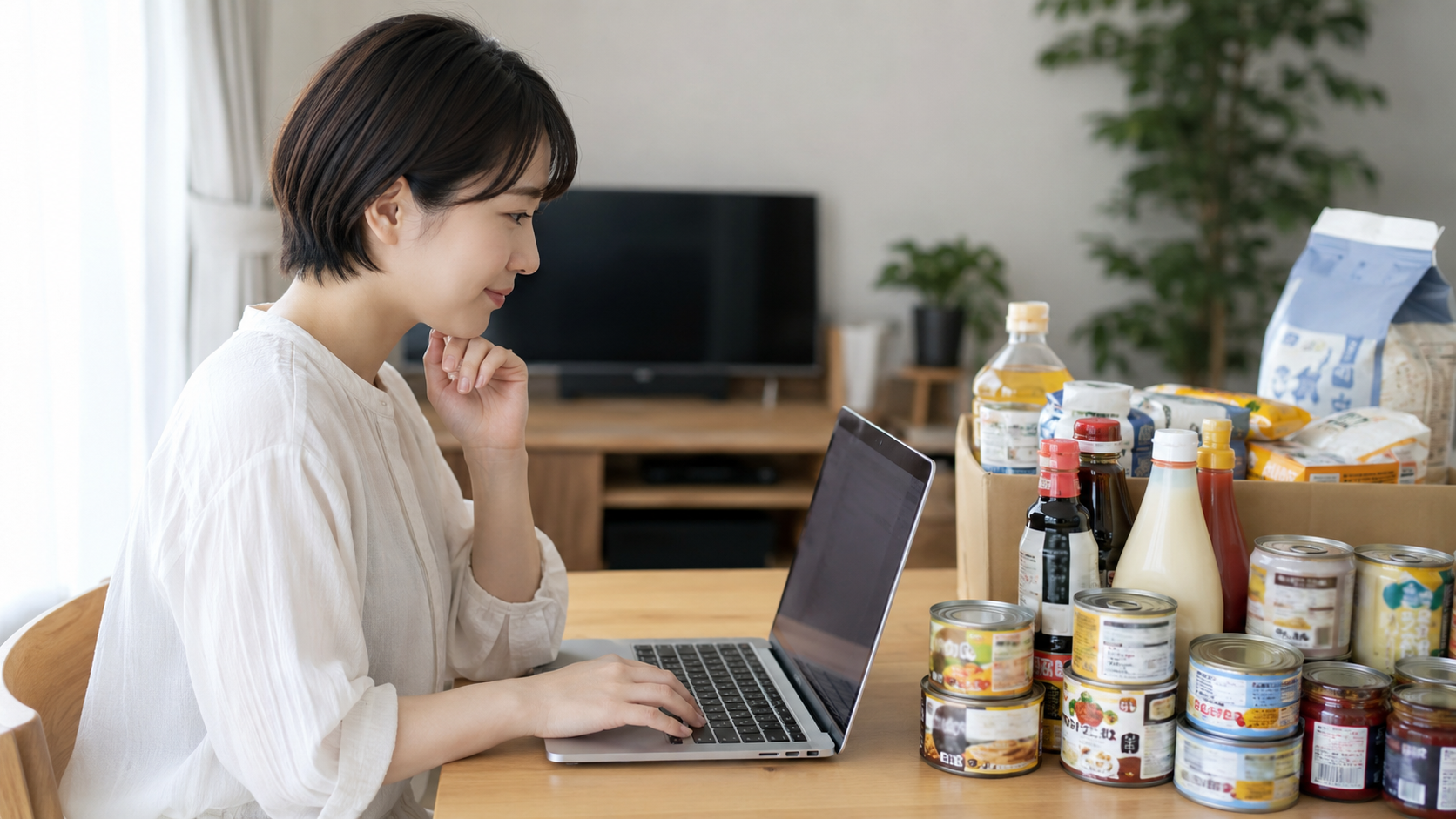 調味料や缶詰を通販でまとめ買いするイメージ