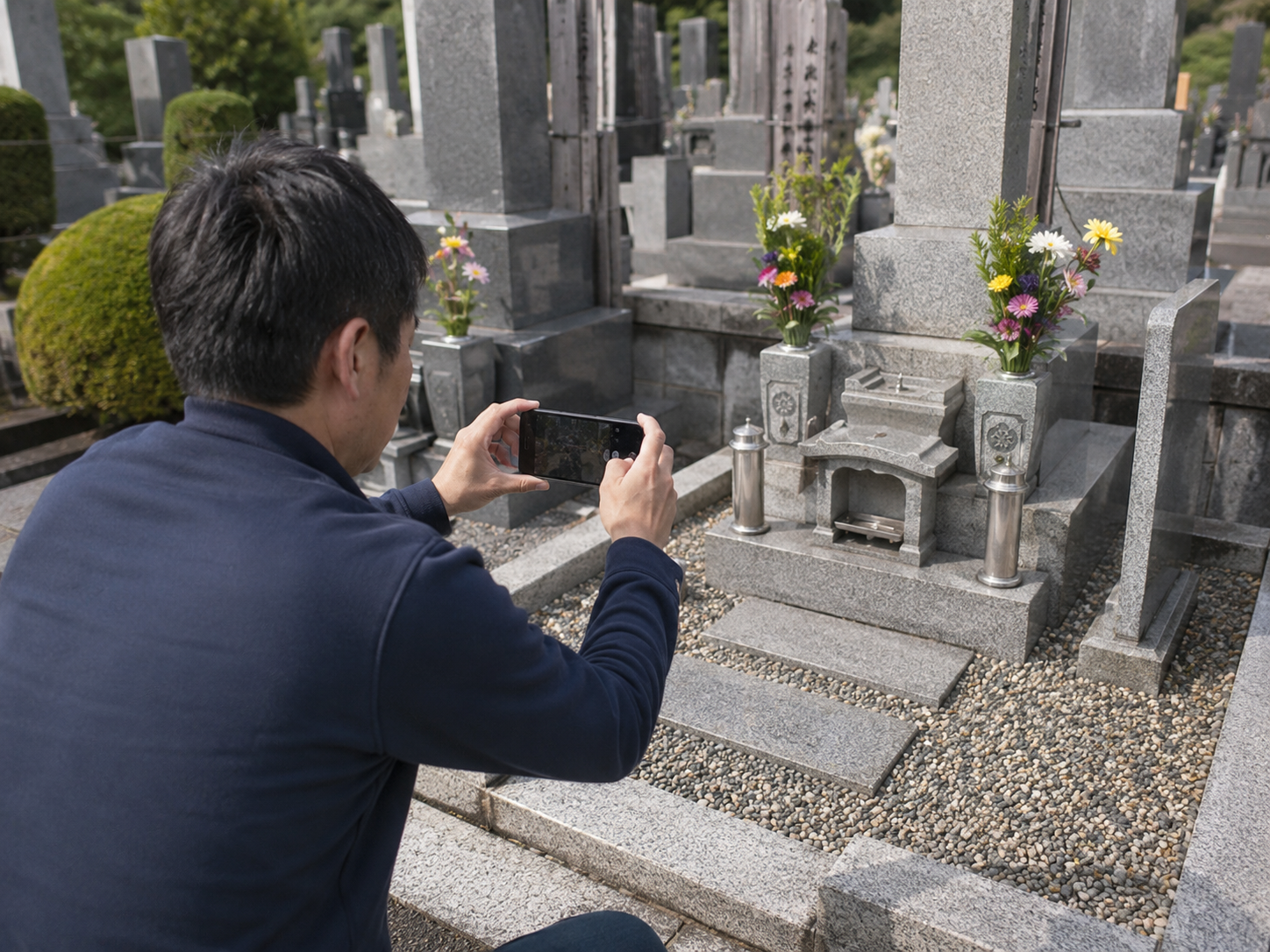 お墓掃除後に現状を写真で記録するイメージ