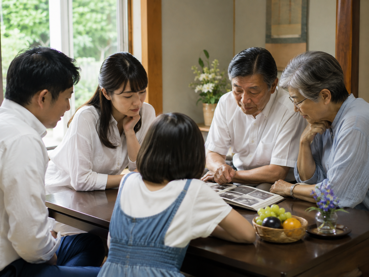 お盆の帰省でお墓の今後を家族で考えるイメージ