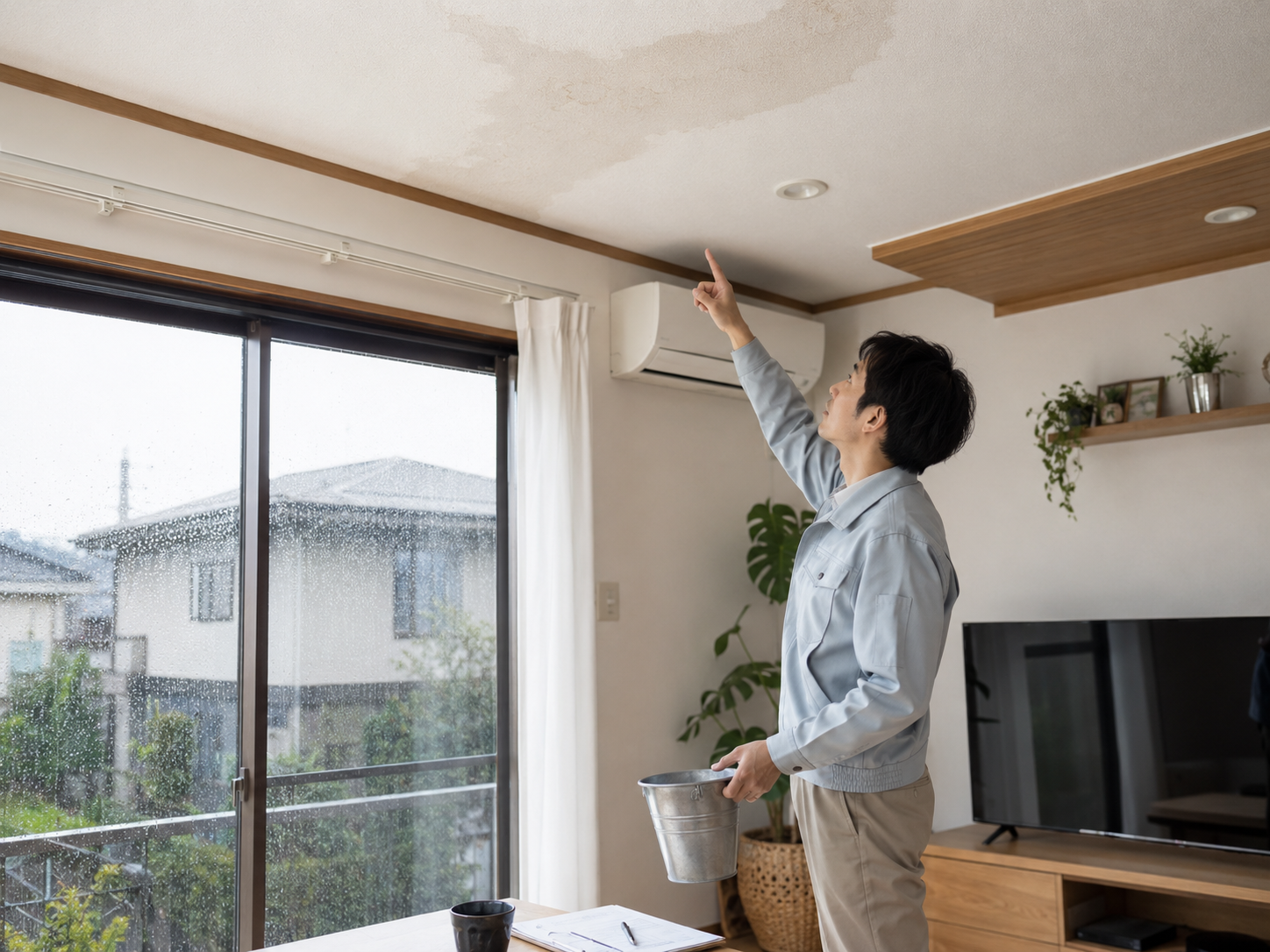 豪雨後の雨漏りと住まいの防水対策を確認するイメージ