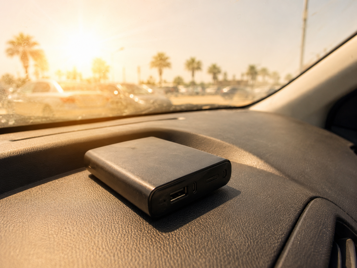 真夏の車内や直射日光にモバイルバッテリーを放置しないイメージ