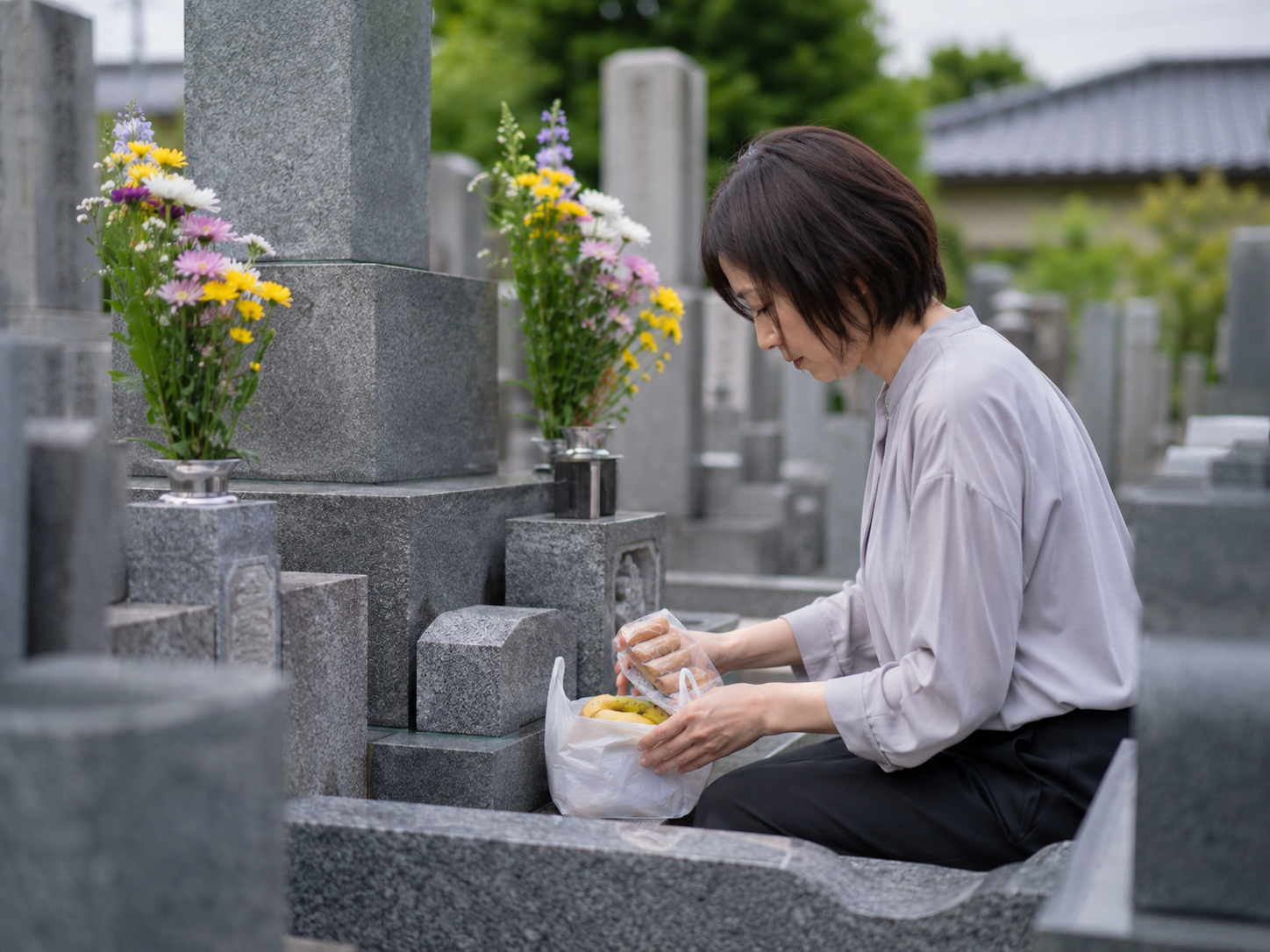 お供え物を持ち帰るお墓参りマナーのイメージ