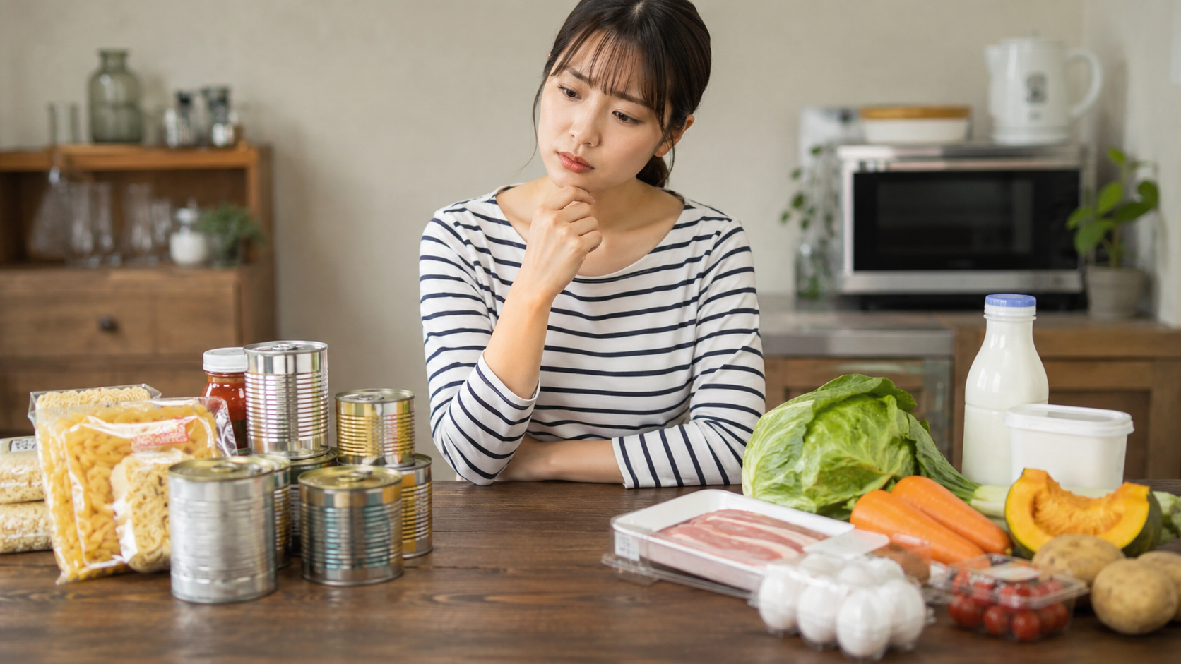 買いだめすべき食品と控える食品を比較するイメージ