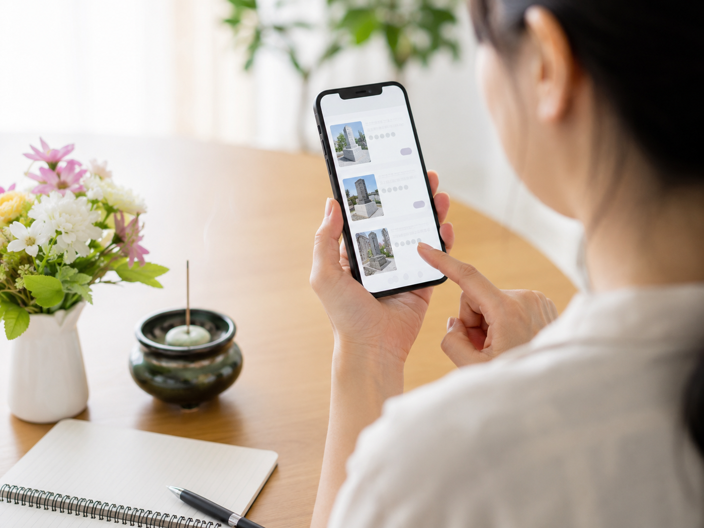 お墓掃除代行サービスをスマホで確認するイメージ