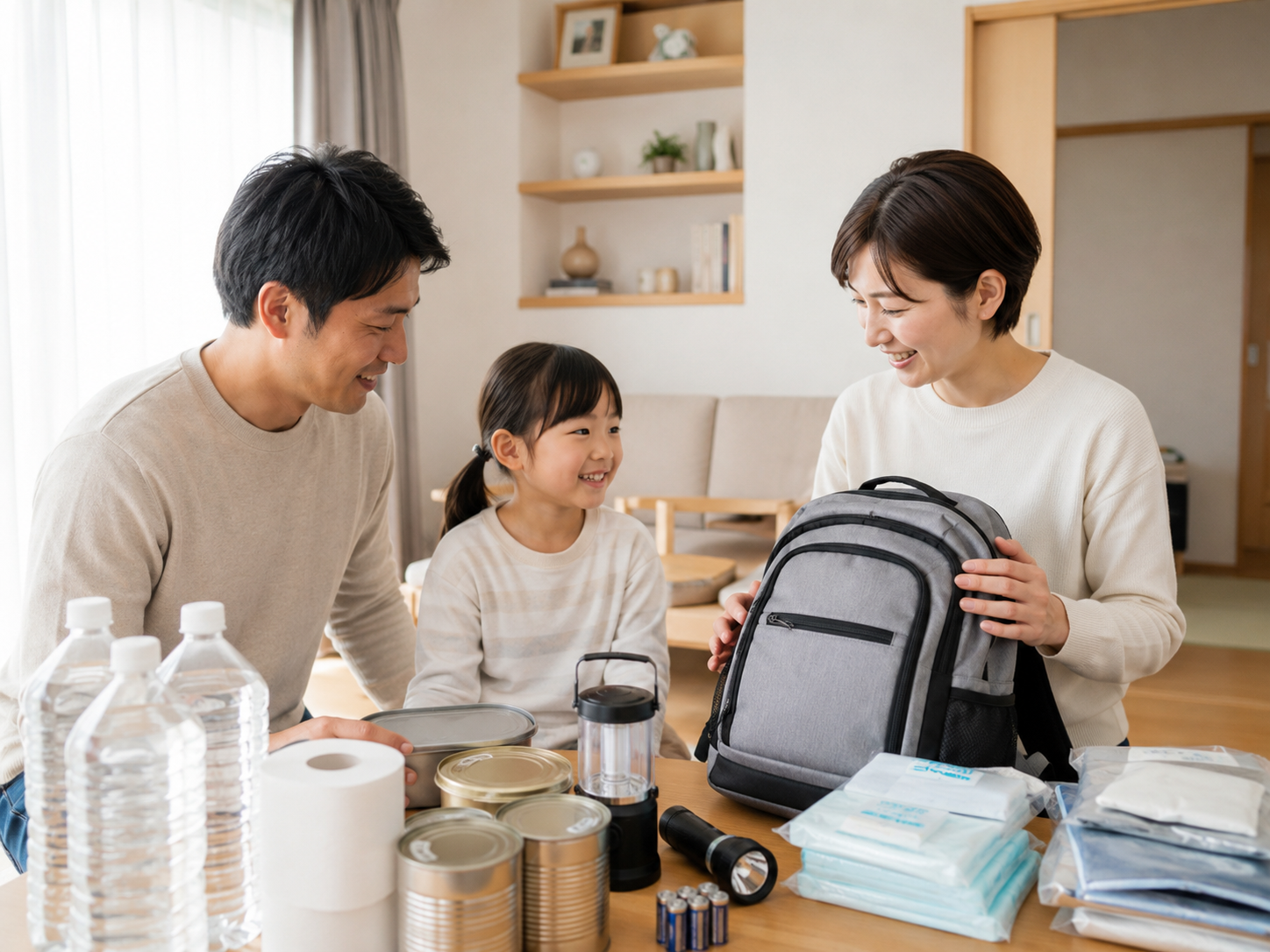 家族で防災備蓄を見直して安心するイメージ