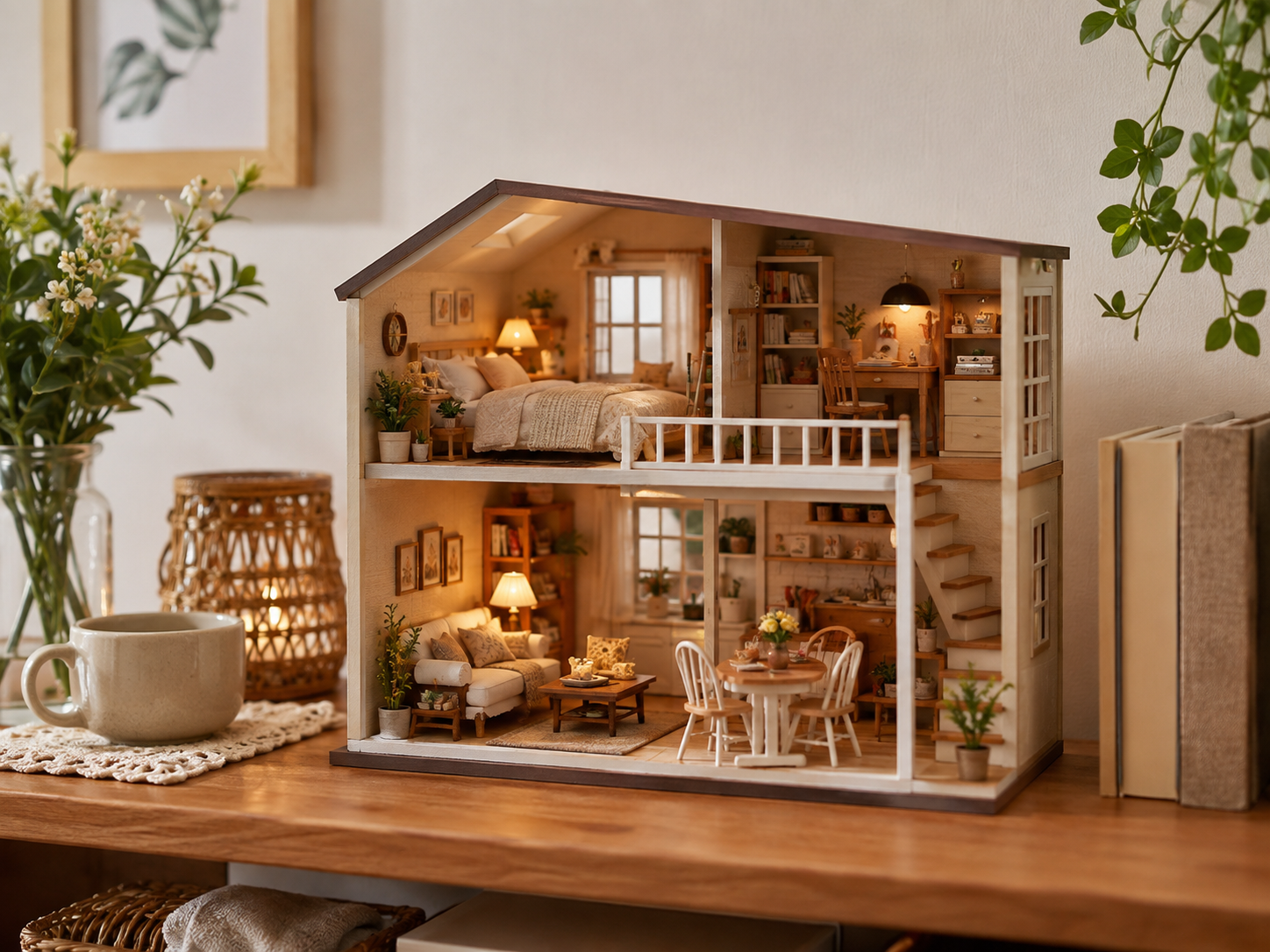 完成したミニチュアハウスを部屋に飾るイメージ