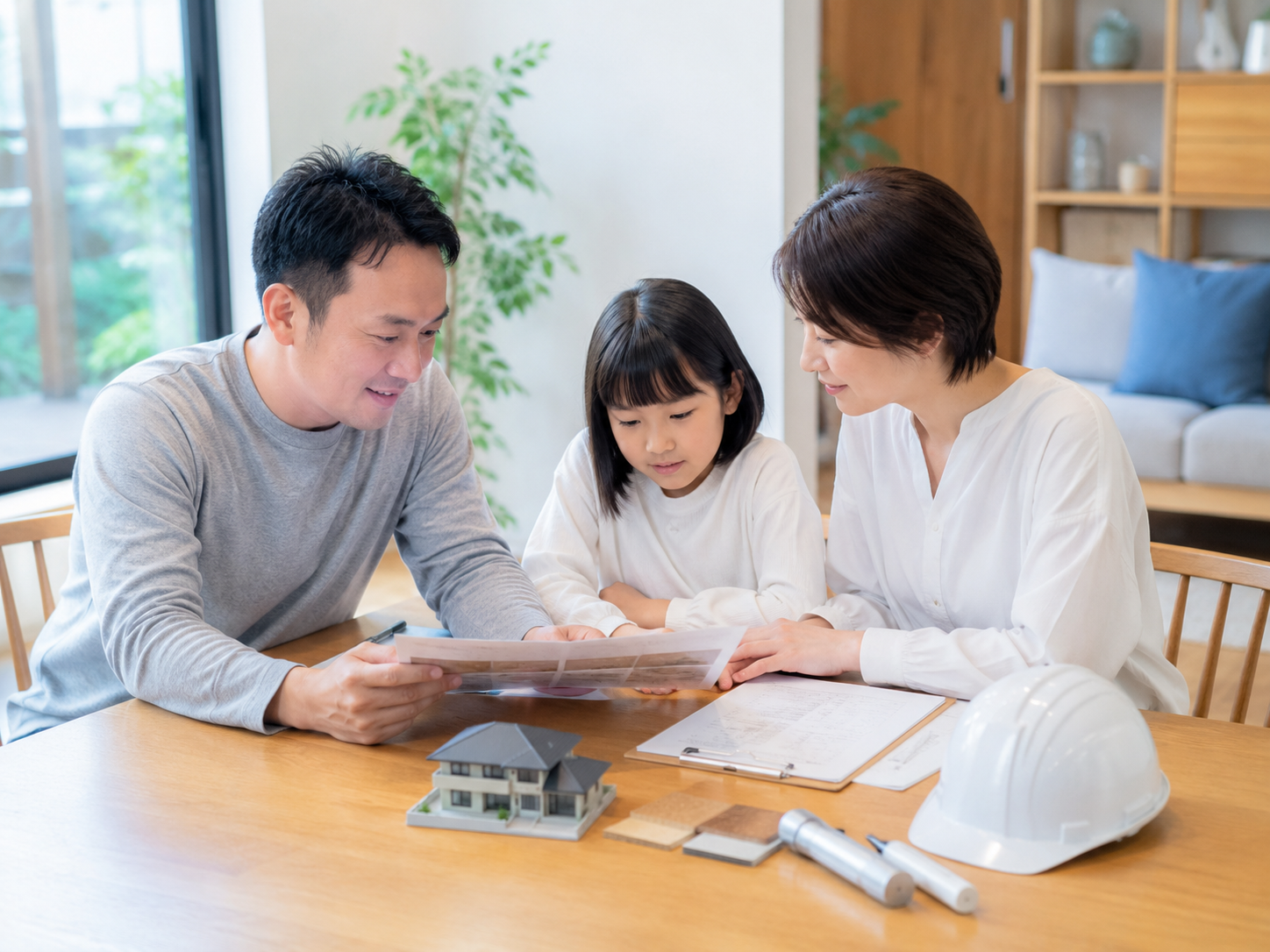家族で住まいの雨漏り対策と保険証券を見直すイメージ