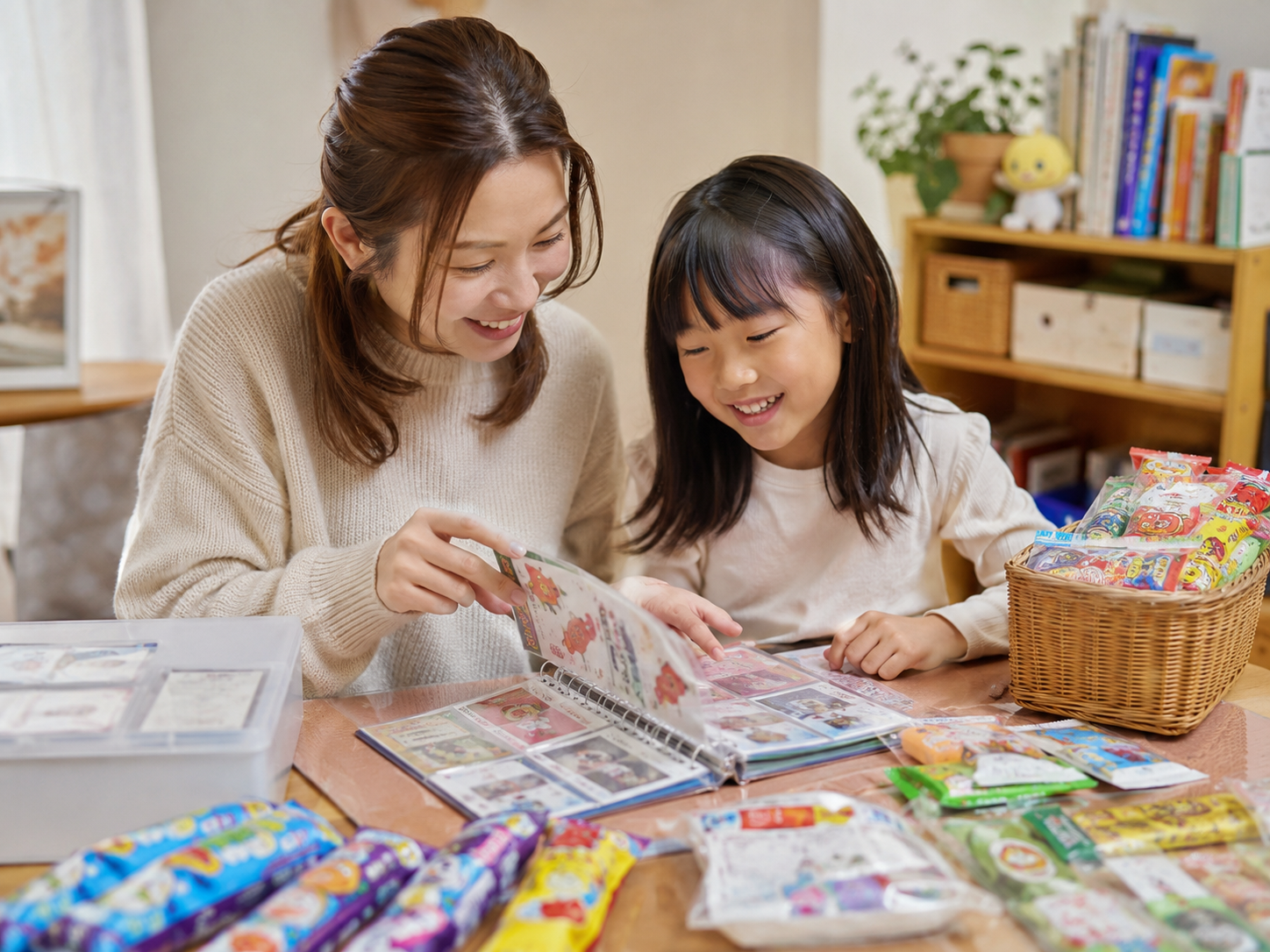 親子で懐かしい駄菓子を選んでお菓子帳を作るイメージ
