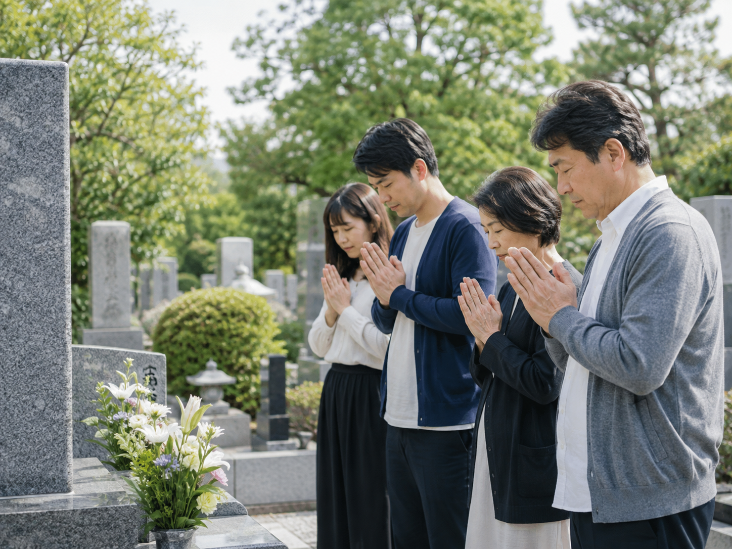家族でお墓参り後に心穏やかに手を合わせるイメージ