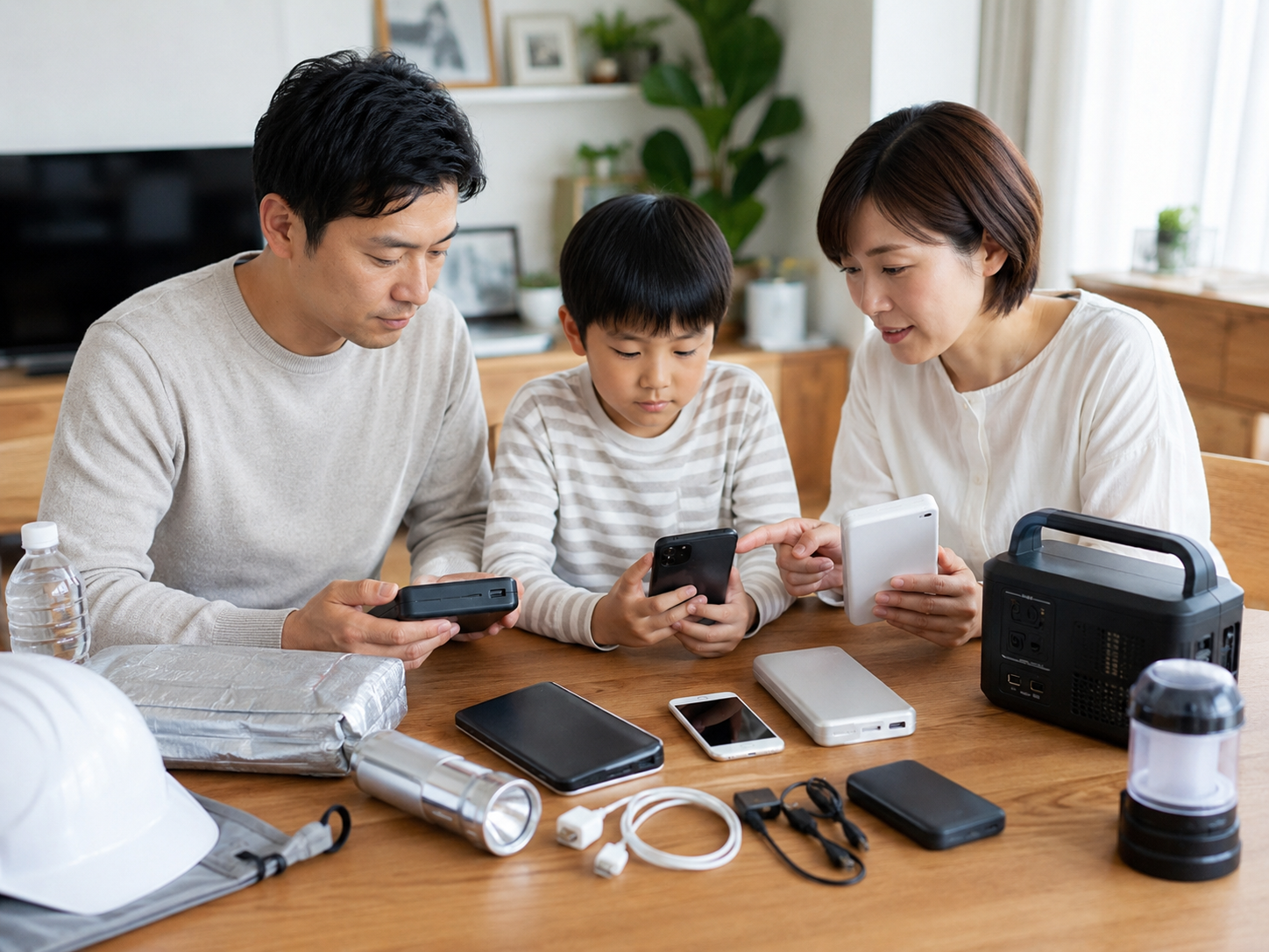 家族でモバイルバッテリーと防災充電を見直すイメージ