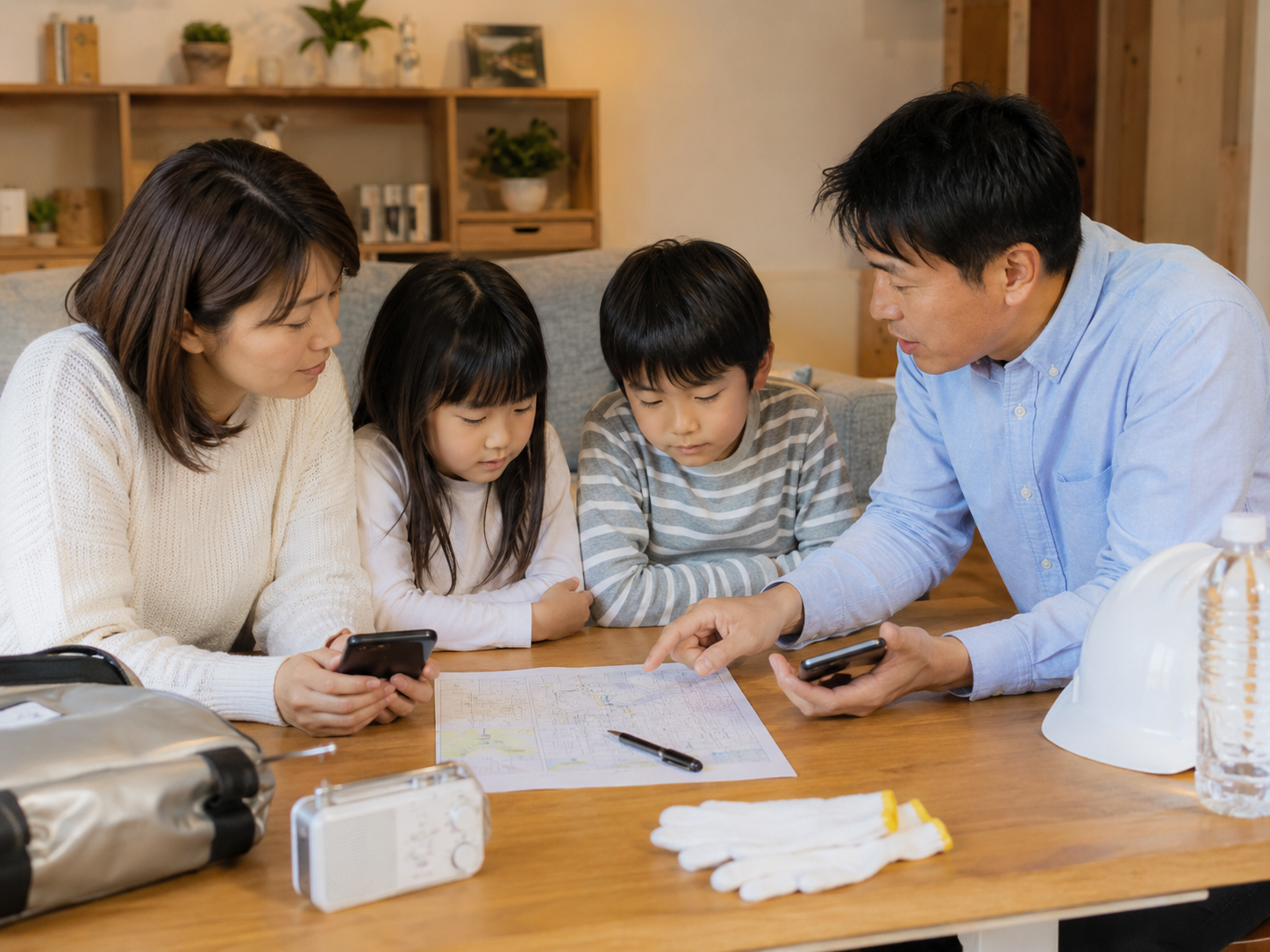 家族で災害時の連絡手段と集合場所を確認するイメージ