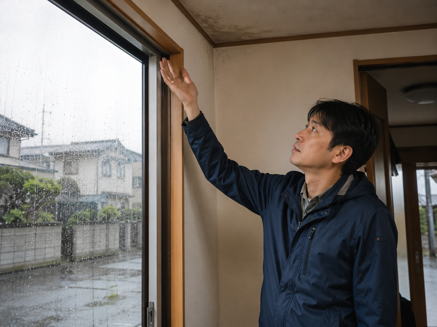 記録的豪雨のあとに住宅の雨漏りリスクを確認するイメージ