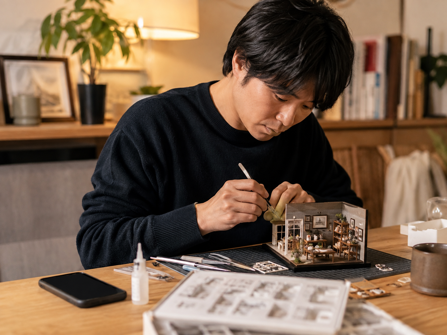 スマホを置いてDIYに没頭する大人のイメージ