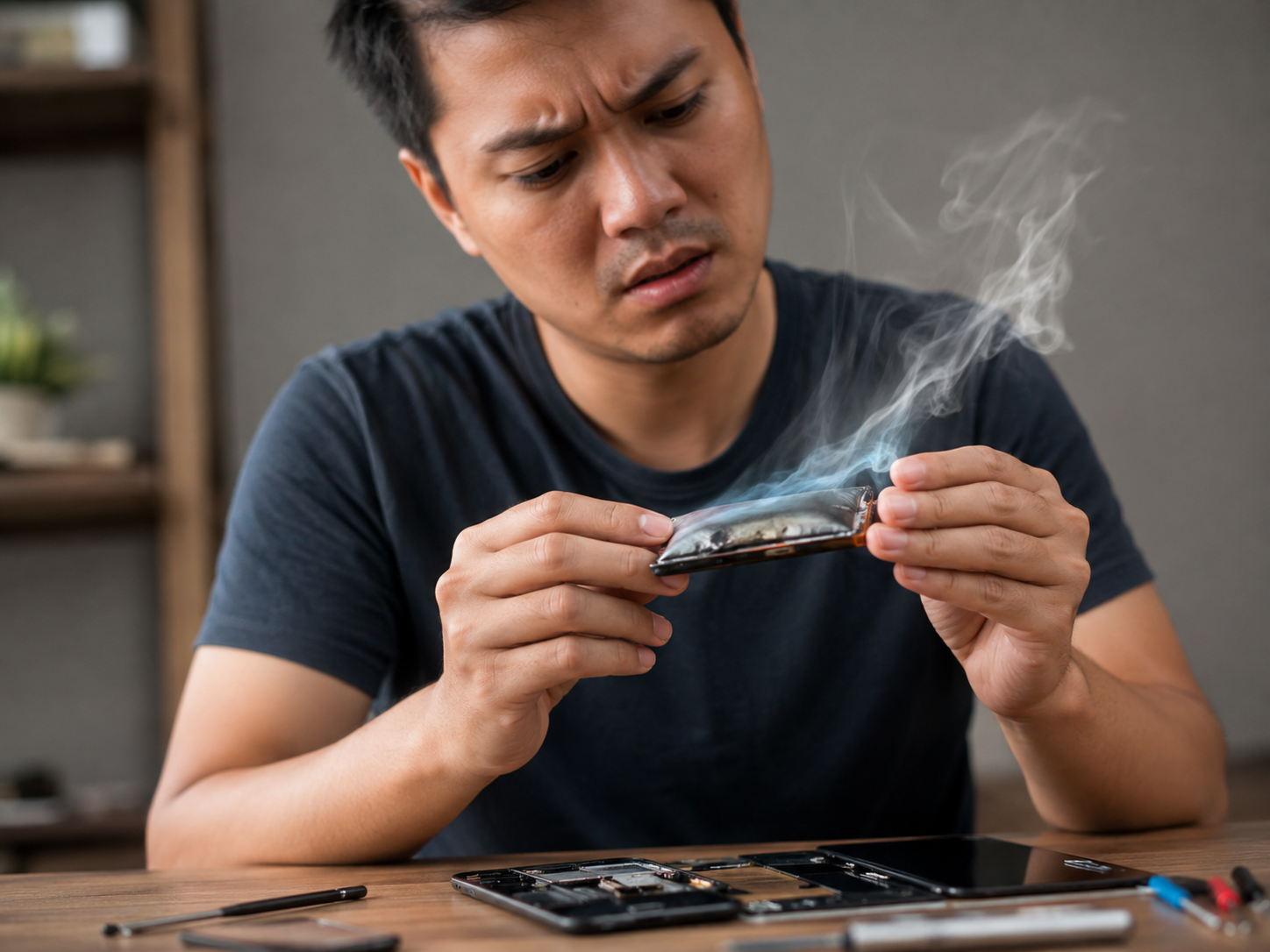 熱くなったモバイルバッテリーと膨らみを確認するイメージ