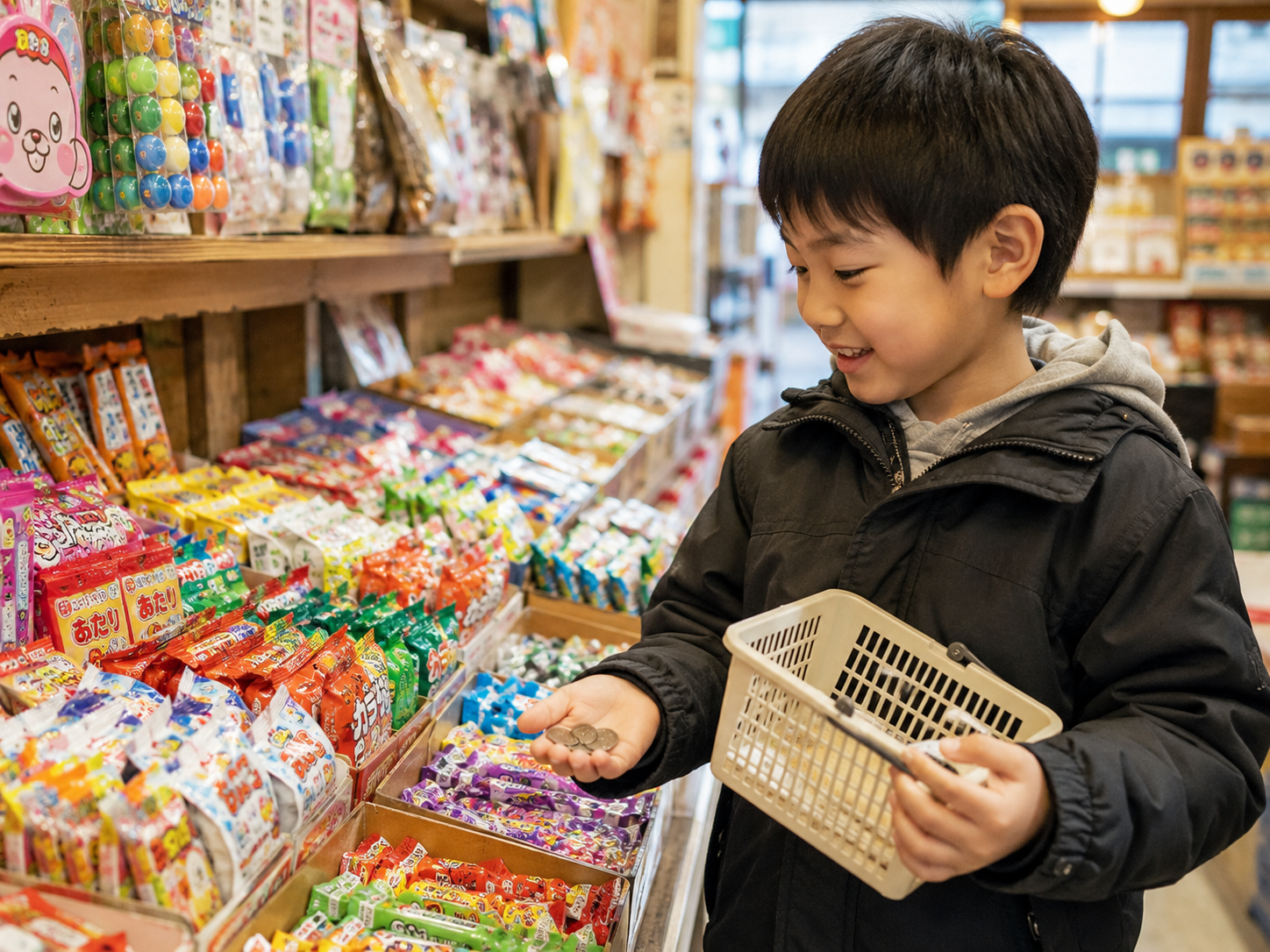 子どもが予算内で駄菓子を選ぶお菓子帳ブームのイメージ