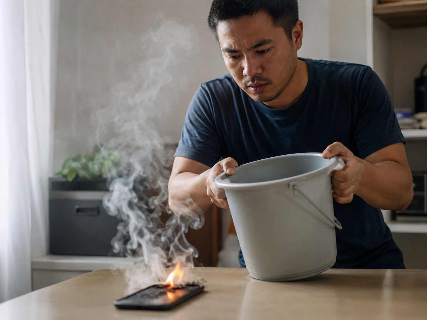 モバイルバッテリー発火時に安全を確保して対処するイメージ