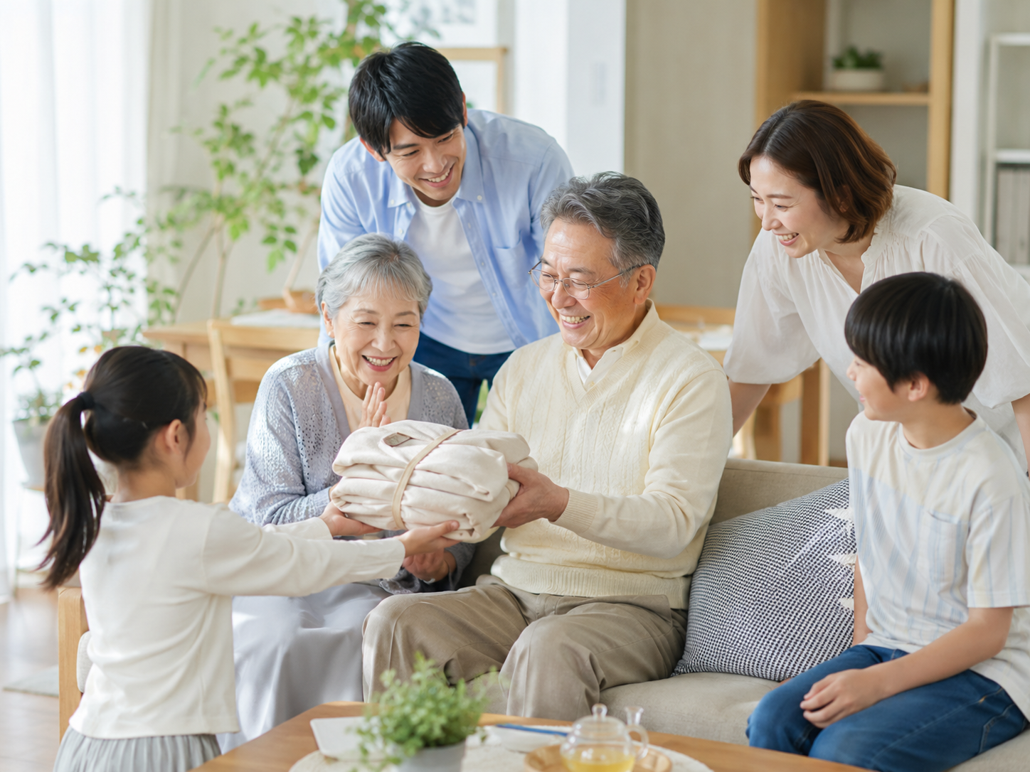 家族で健康ギフトを渡して一緒に過ごすイメージ