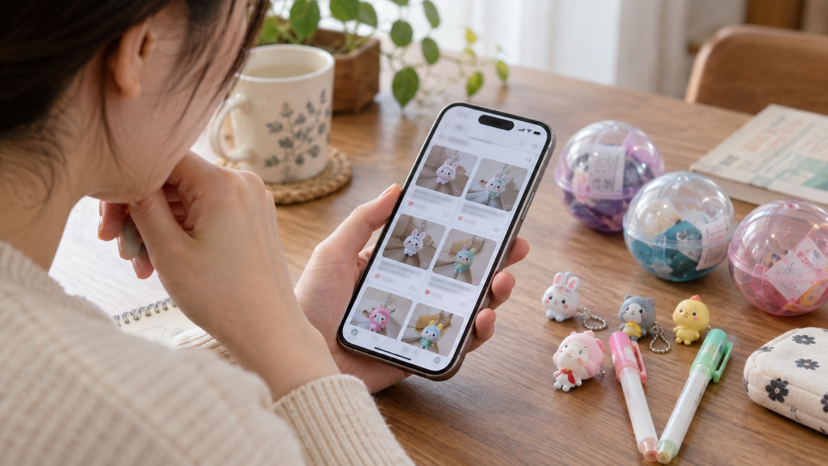 めじるしアクセサリーの定価と転売価格をスマホで比較するイメージ