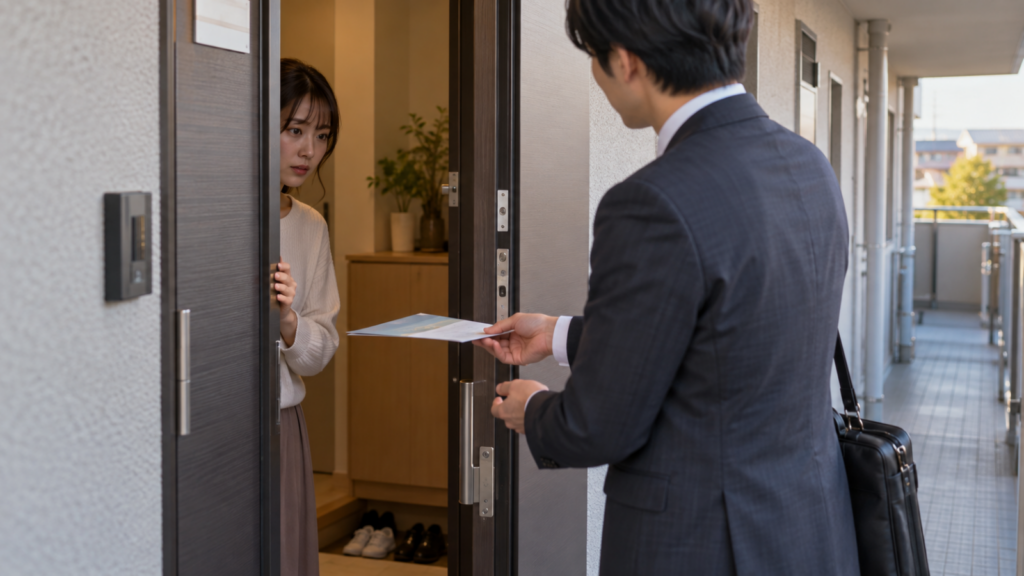 玄関先で電力会社の切り替えの勧誘を受けて慎重に話を聞く女性