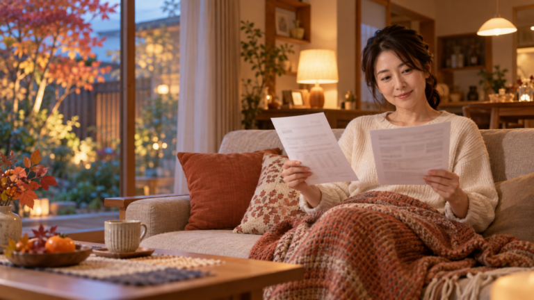 秋の夕方にリビングで電気とガスの検針票を見比べる女性