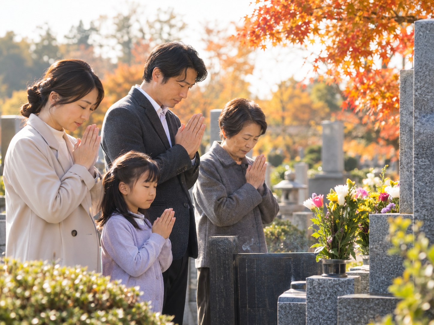 秋のお彼岸に家族でご先祖さまへ手を合わせるイメージ