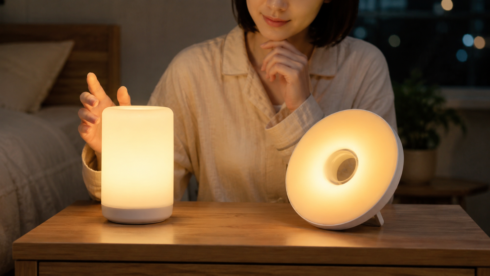 ナイトライトと光目覚まし時計を比較するイメージ
