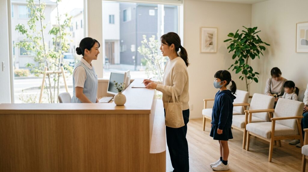 小児科の受付カウンターで予約カレンダーを確認する母親と小学生の子ども