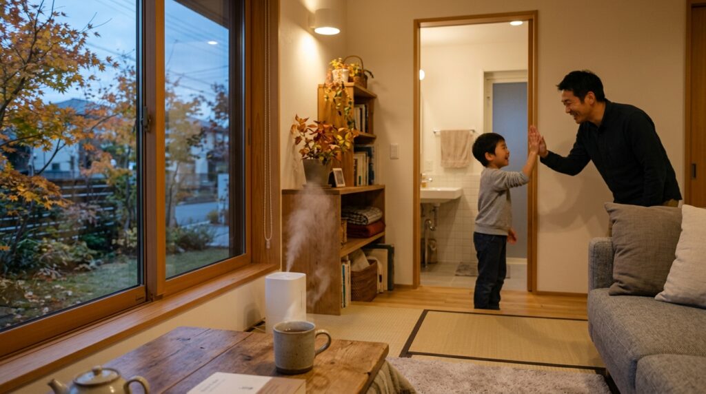 リビングで加湿器を稼働させ、子どもが手洗いを終えて戻ってくる家庭の様子