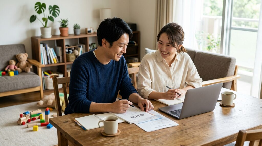 家族で家計と保険の書類を確認しているリビングの風景