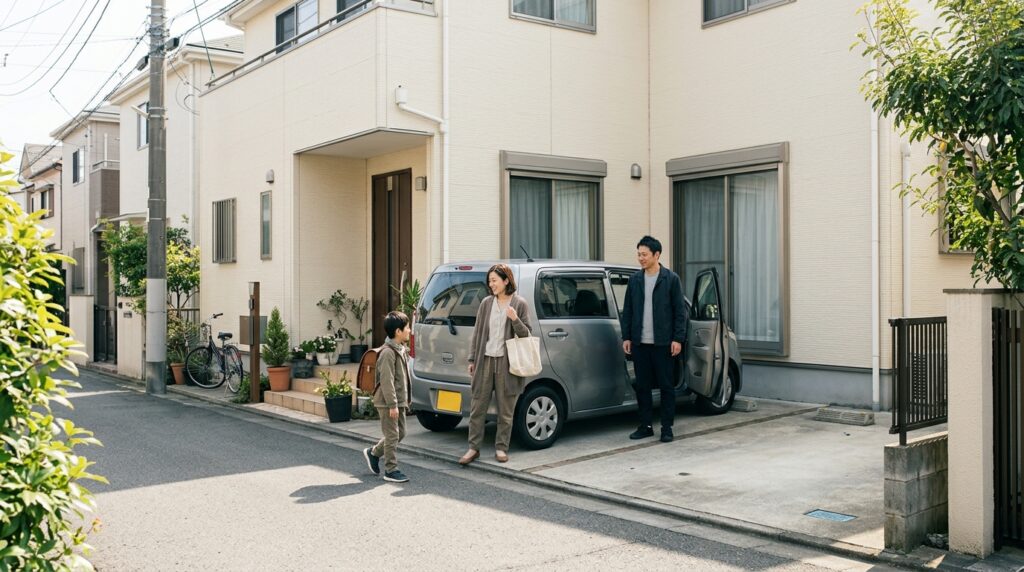 見直しを終えて安心した表情で車の前に立つ日本人の家族