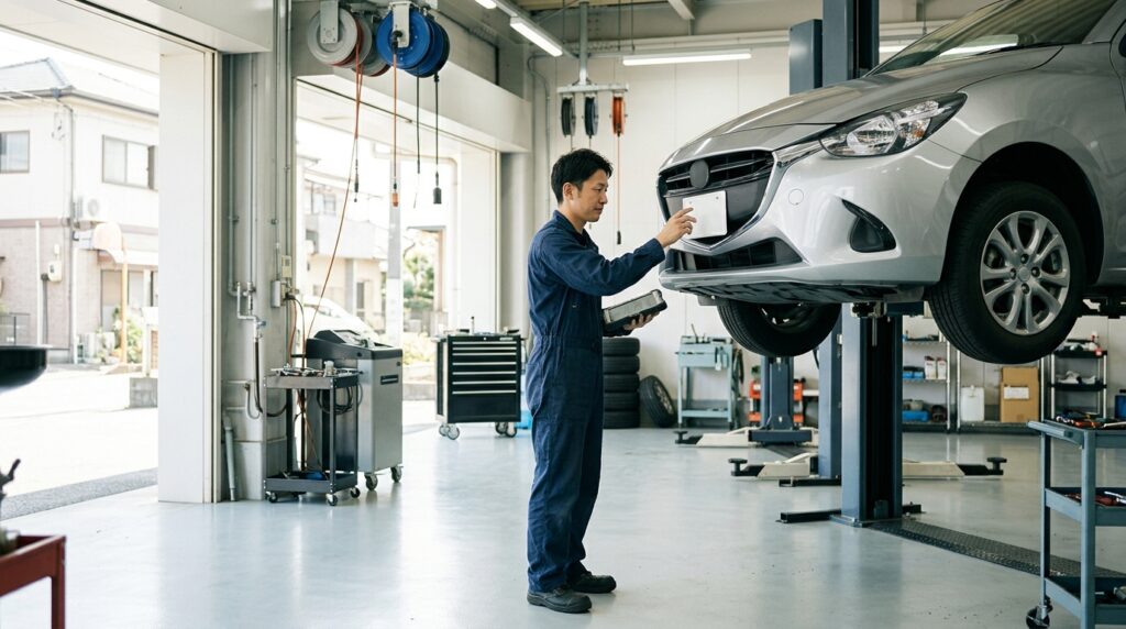 整備工場でセンサー付きのバンパーを点検する整備士